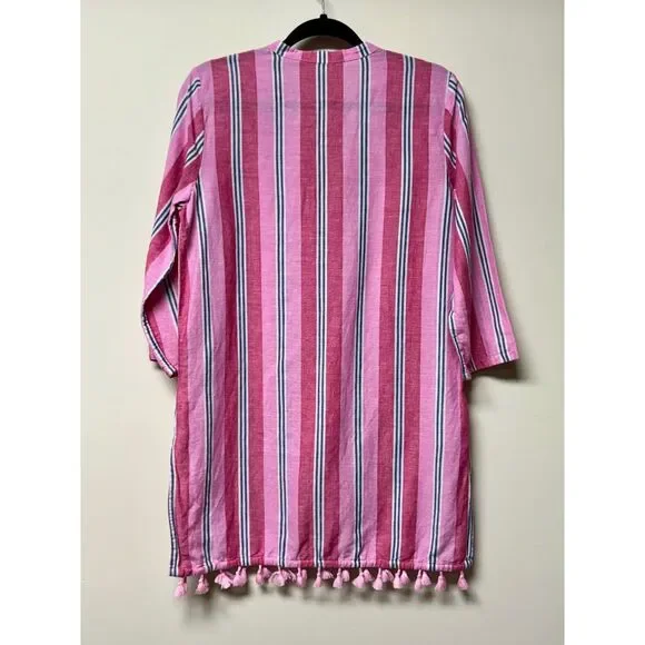 J. CREW FACTORY Pink/White/Navy Striped Tassel Tie Tassel Hem Cover-Up, Sz S - Picture 9 of 12